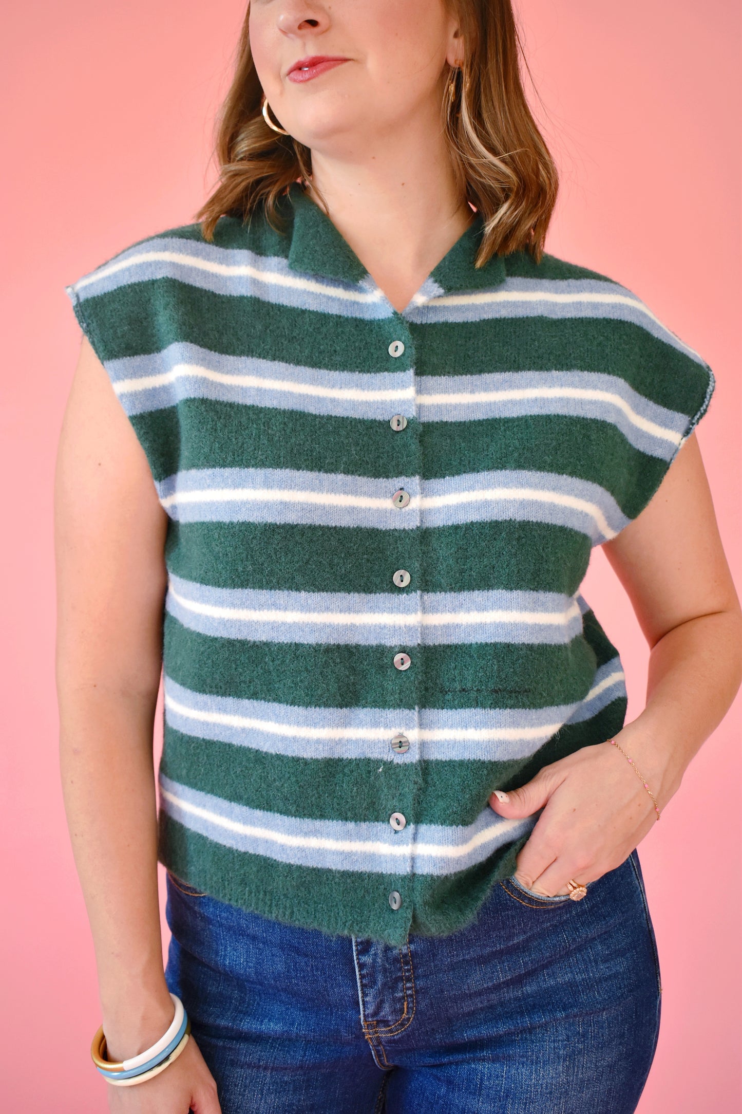 Hunter Green & Blue Stripe Short Sleeve Cardigan Top