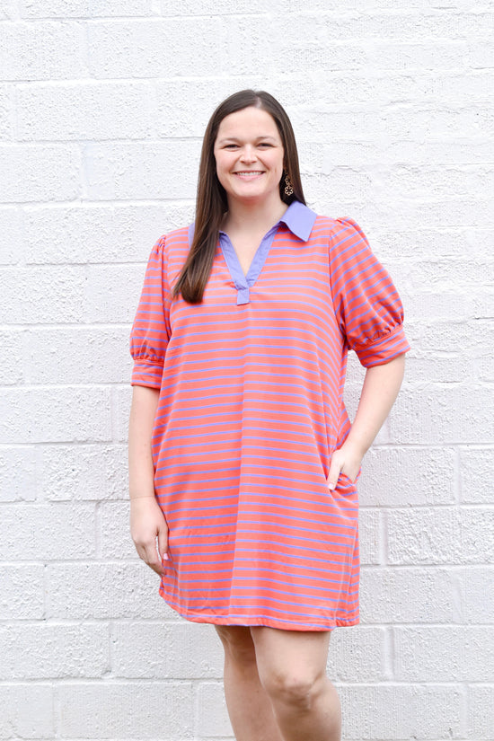 Plus Grapefruit Striped Collared Dress