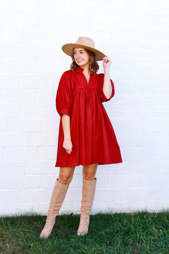 Brick Poplin Frill Neck Dress