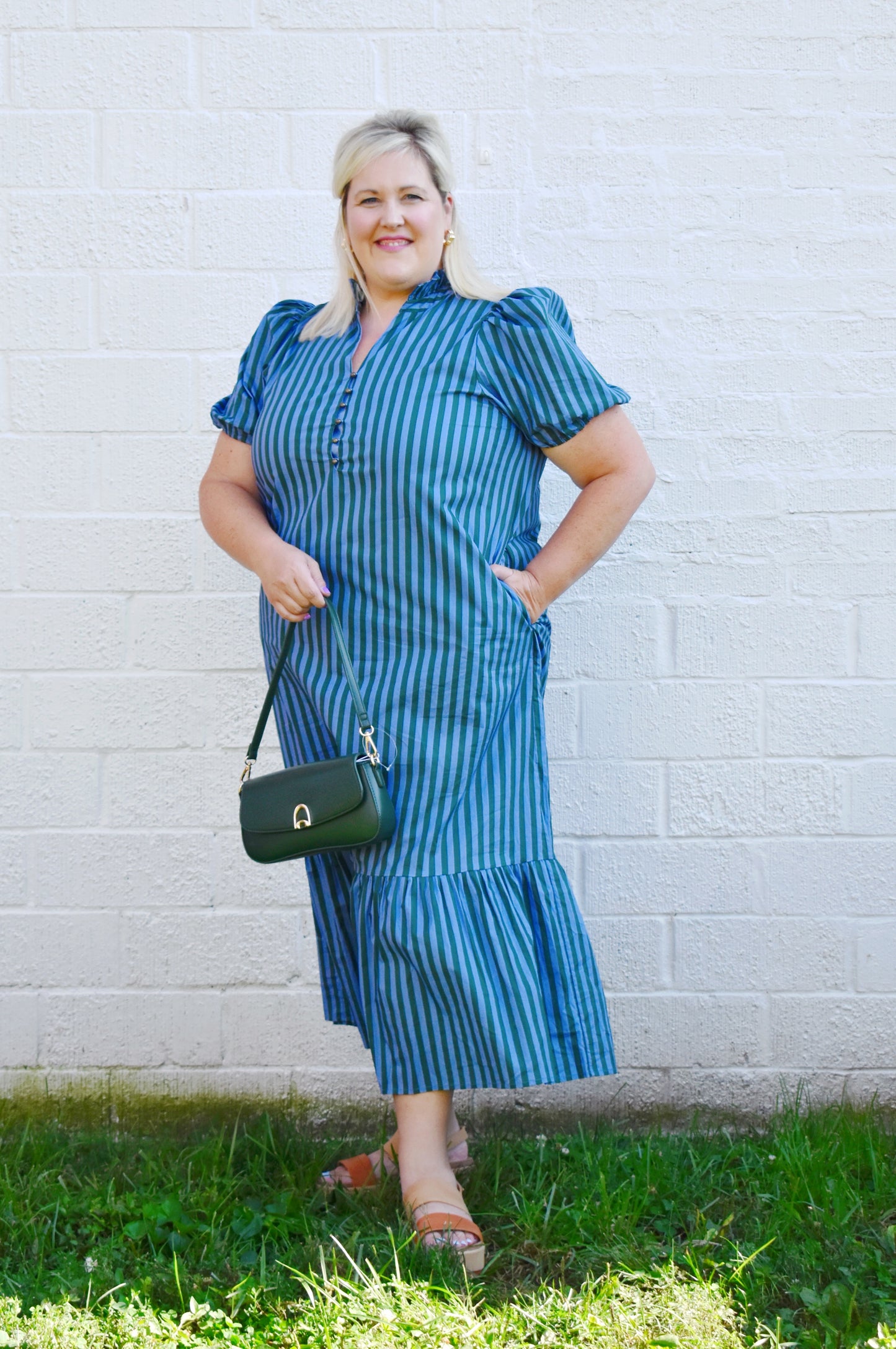 Plus Hunter & Light Blue Stripe Ruffle Hem Midi Dress