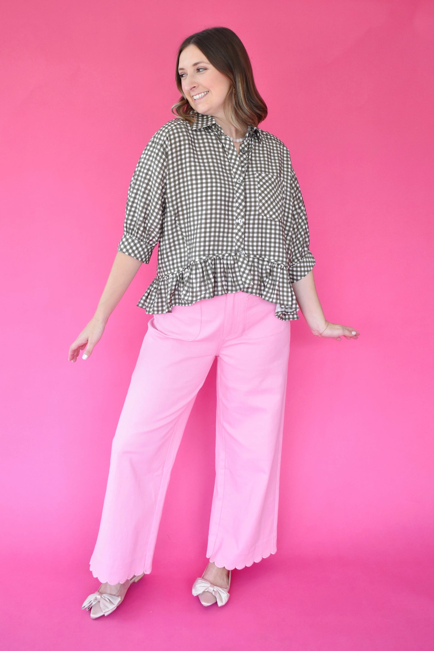 Olive Gingham Ruffle Hem Button Down Top
