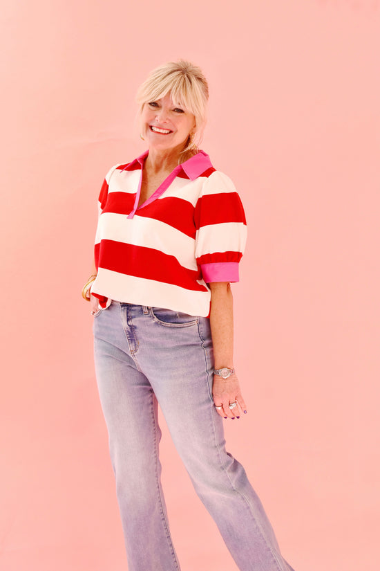 Pink & Red Collared Striped Top