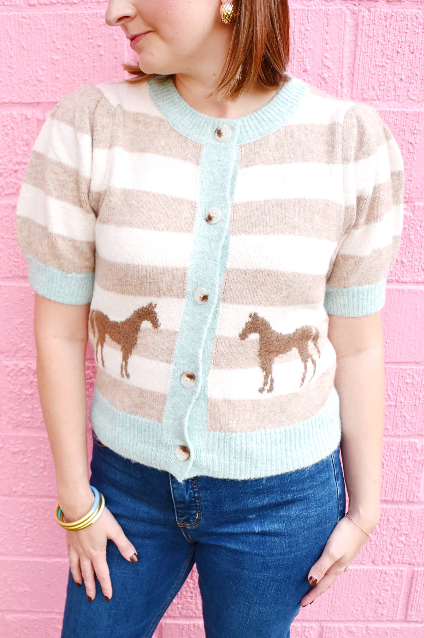 Mint Striped Horse Short Sleeve Cardigan