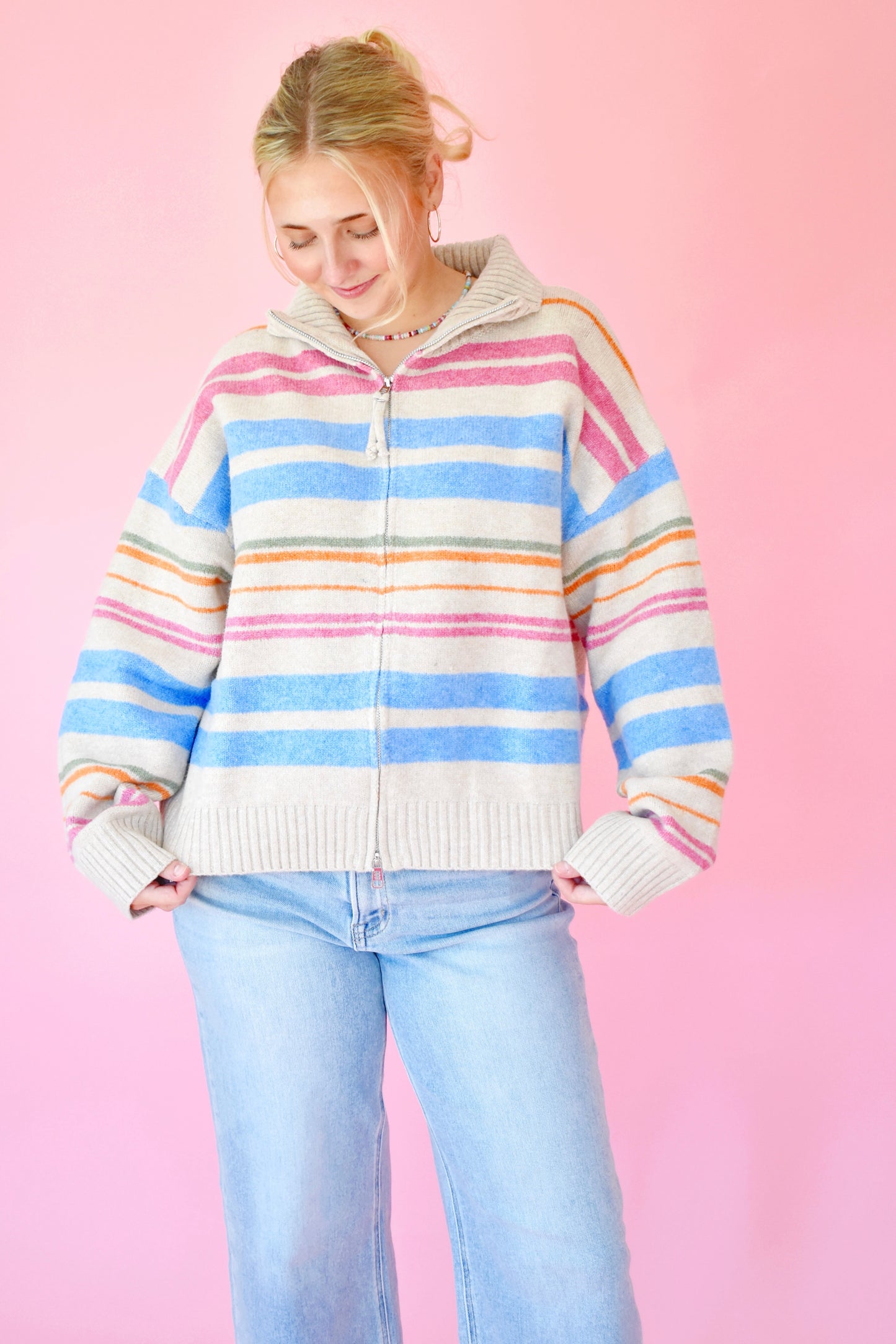 Biscotti Multi Striped Zip Up Cardigan Sweater