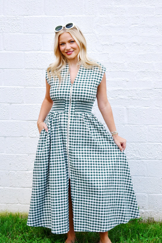 Forest Gingham Zipper Midi Dress