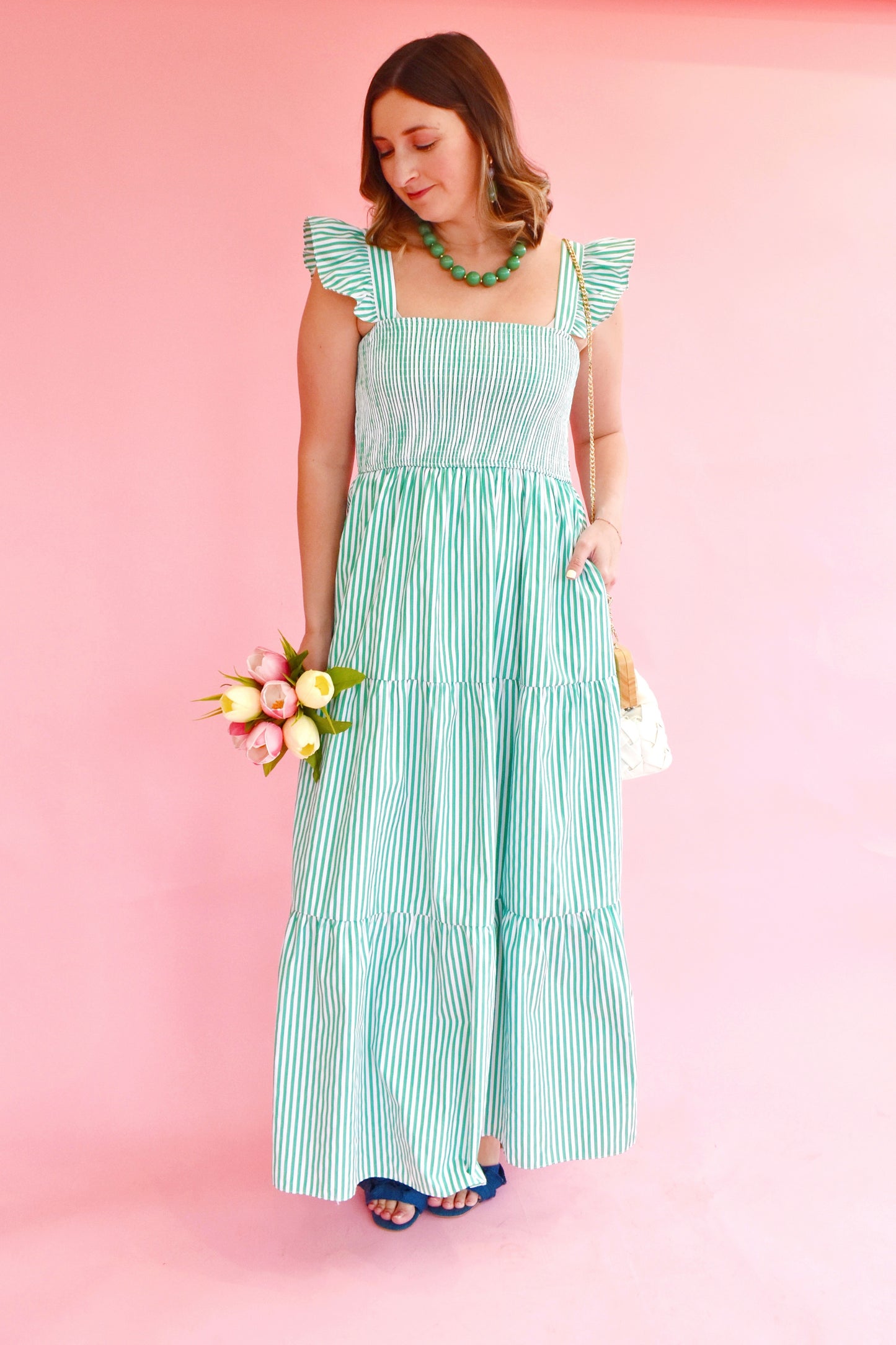 Green Striped Smocked Maxi Dress