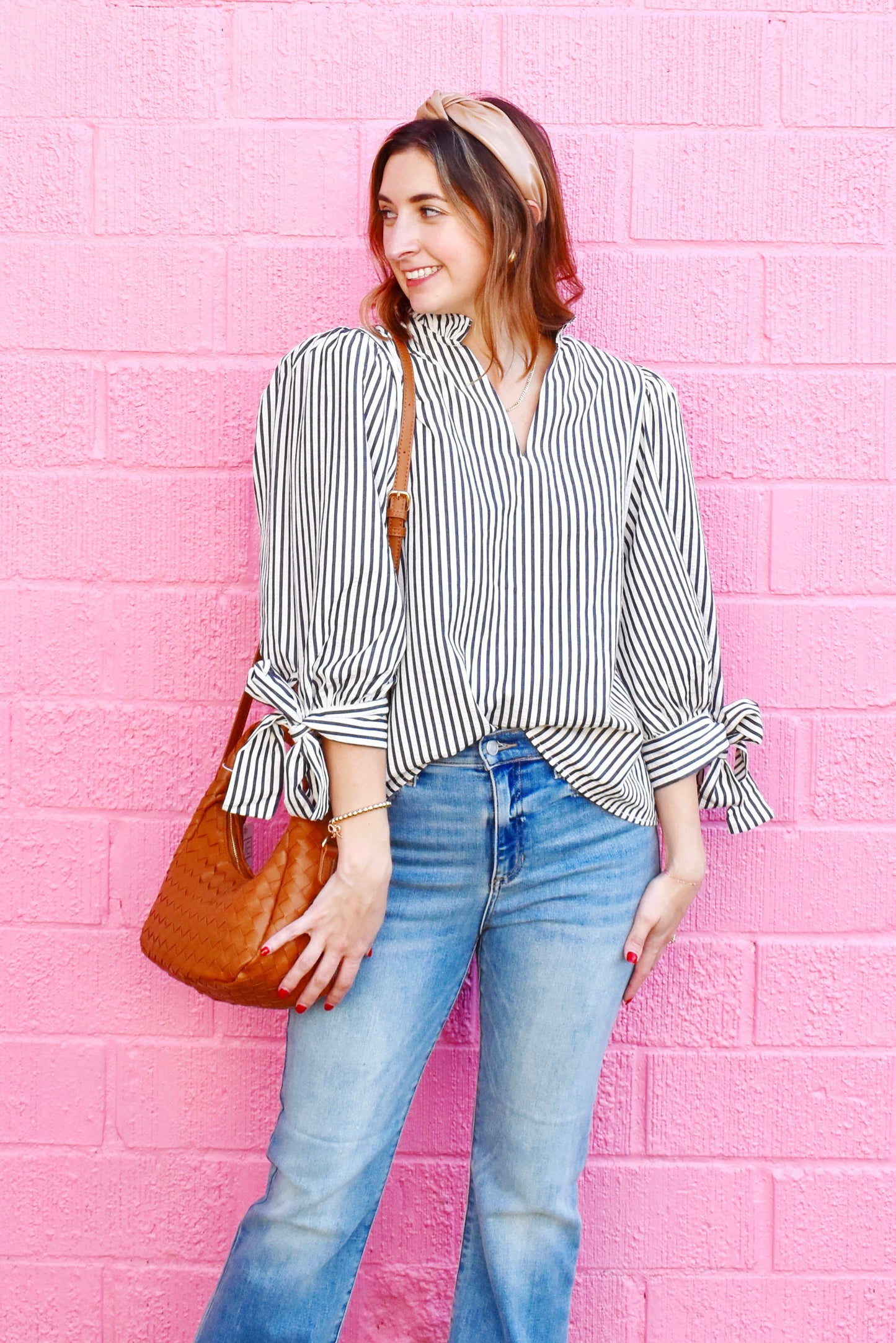 Dark Navy Striped Tie Sleeve Top