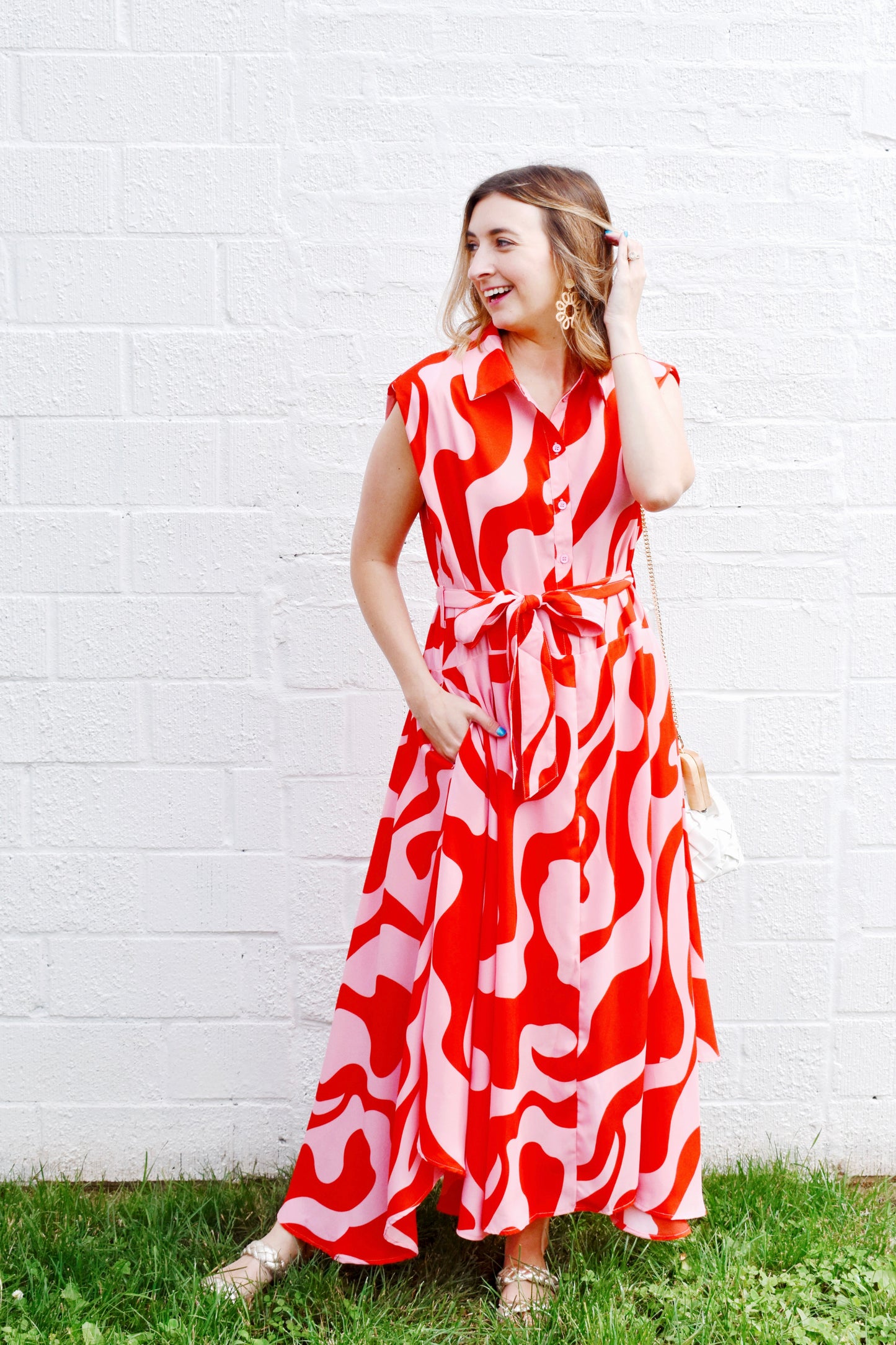 Pink & Red Abstract Midi Dress