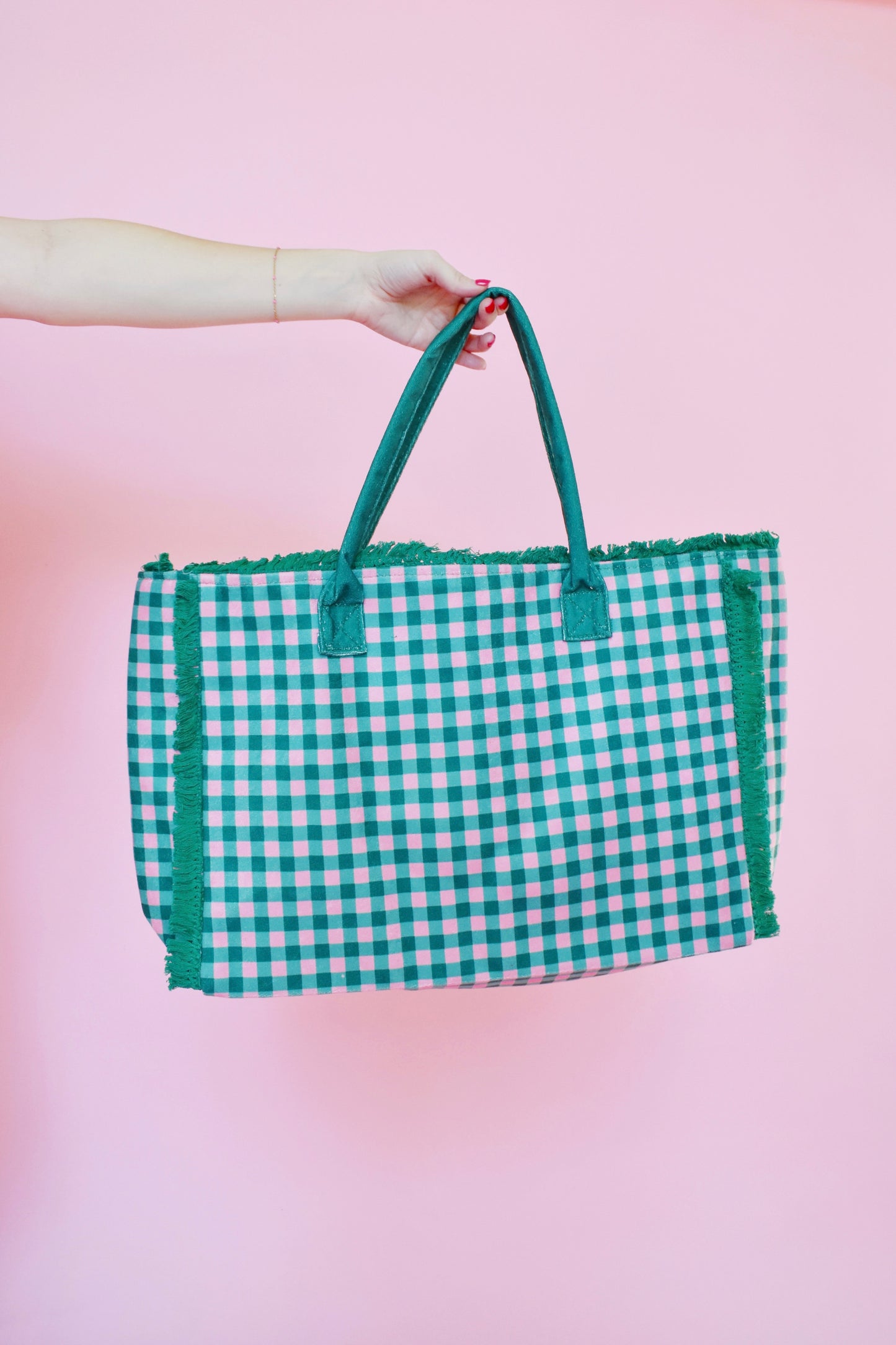 Green & Pink Gingham Frayed Edge Tote Bag