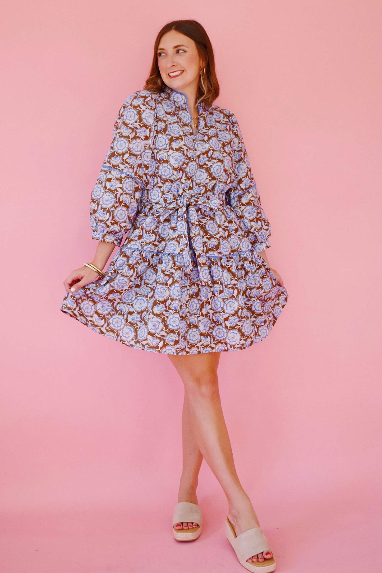 Brown Blue Floral Tie Belt Dress
