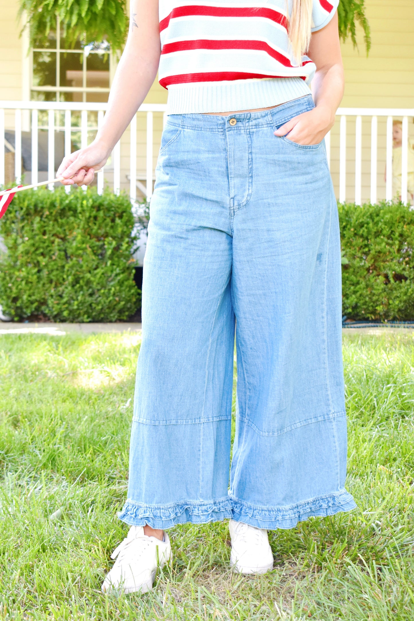 Denim Chambray Ruffle Hem Pants