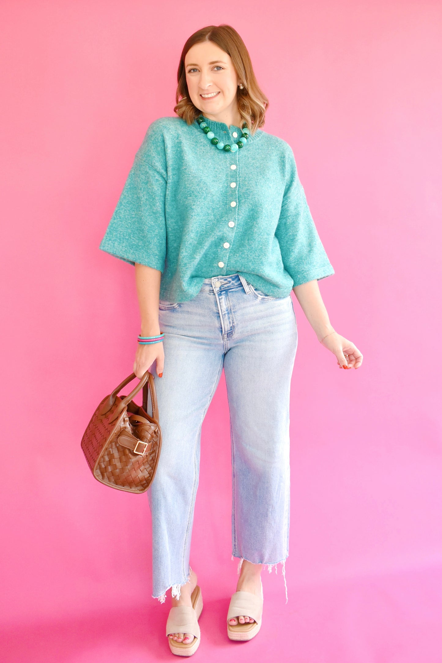 Teal Green Button Down Short Sleeve Cardigan