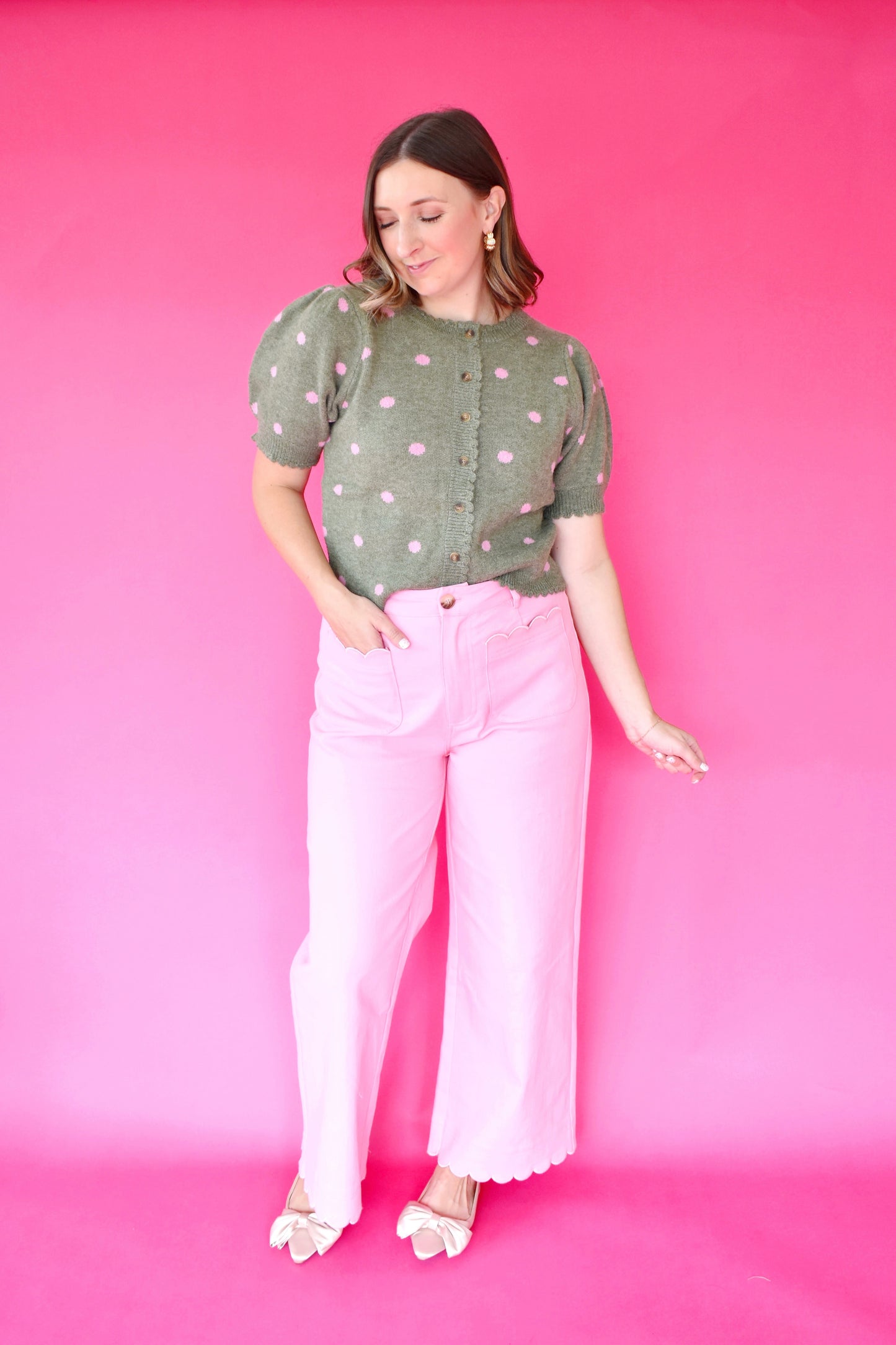 Army Green Pink Polka Dot Scallop Sweater