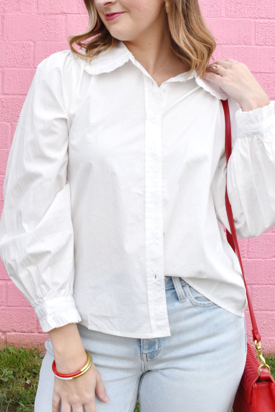 White Ruffle Collared Button Down