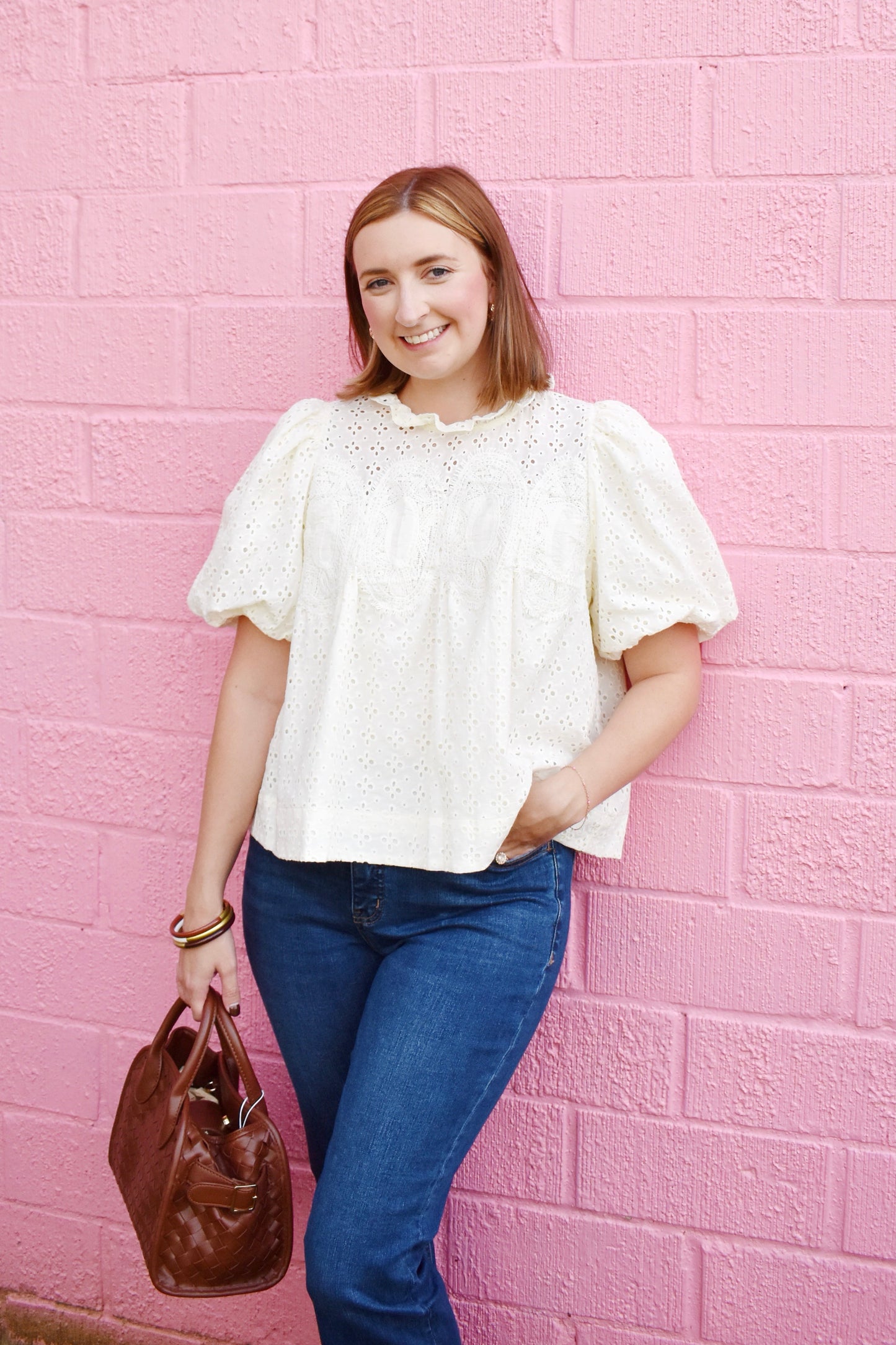 Cream Eyelet Puff Sleeve Blouse