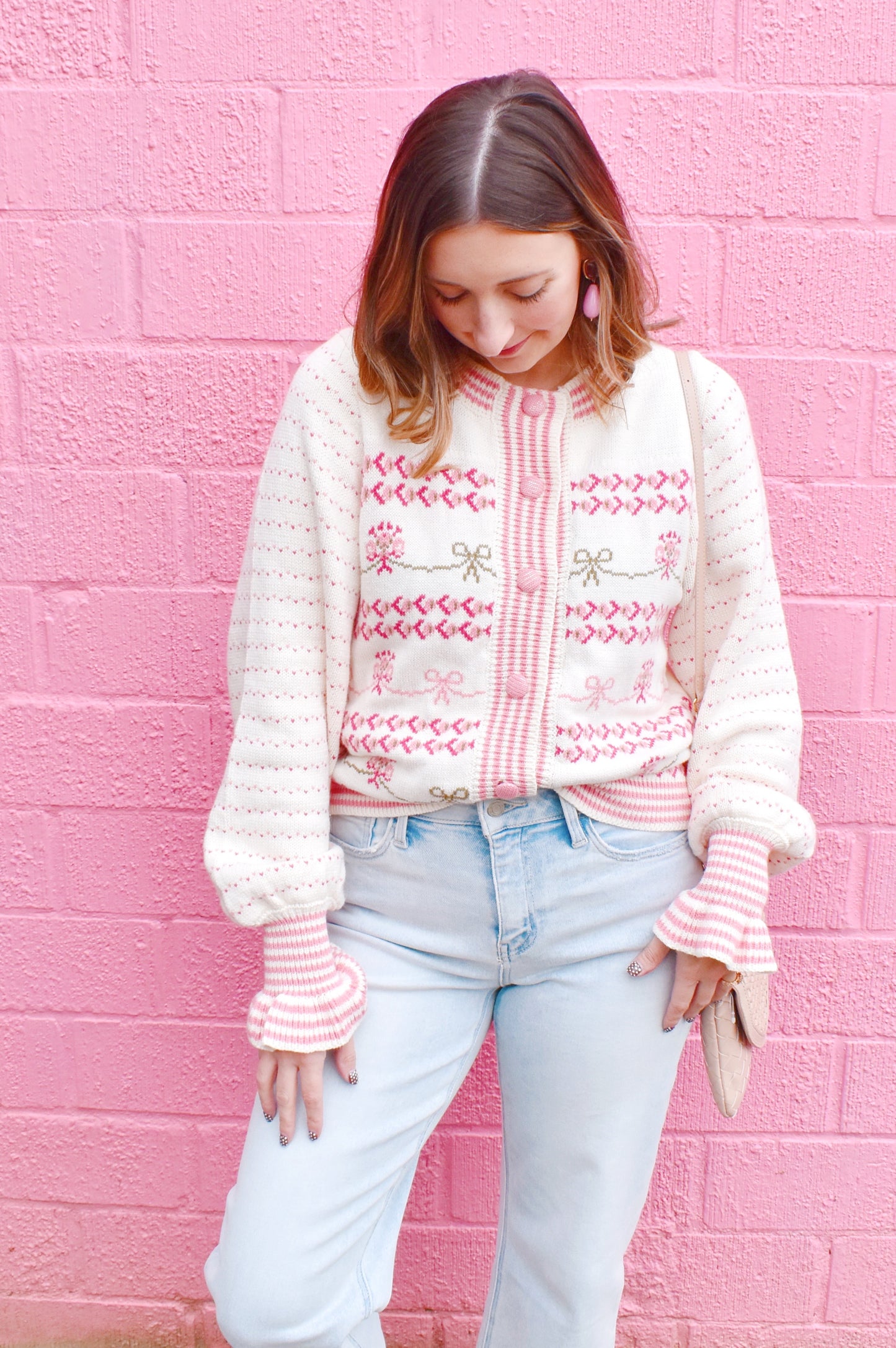 Pink Feminine Floral & Bow Cardigan Sweater