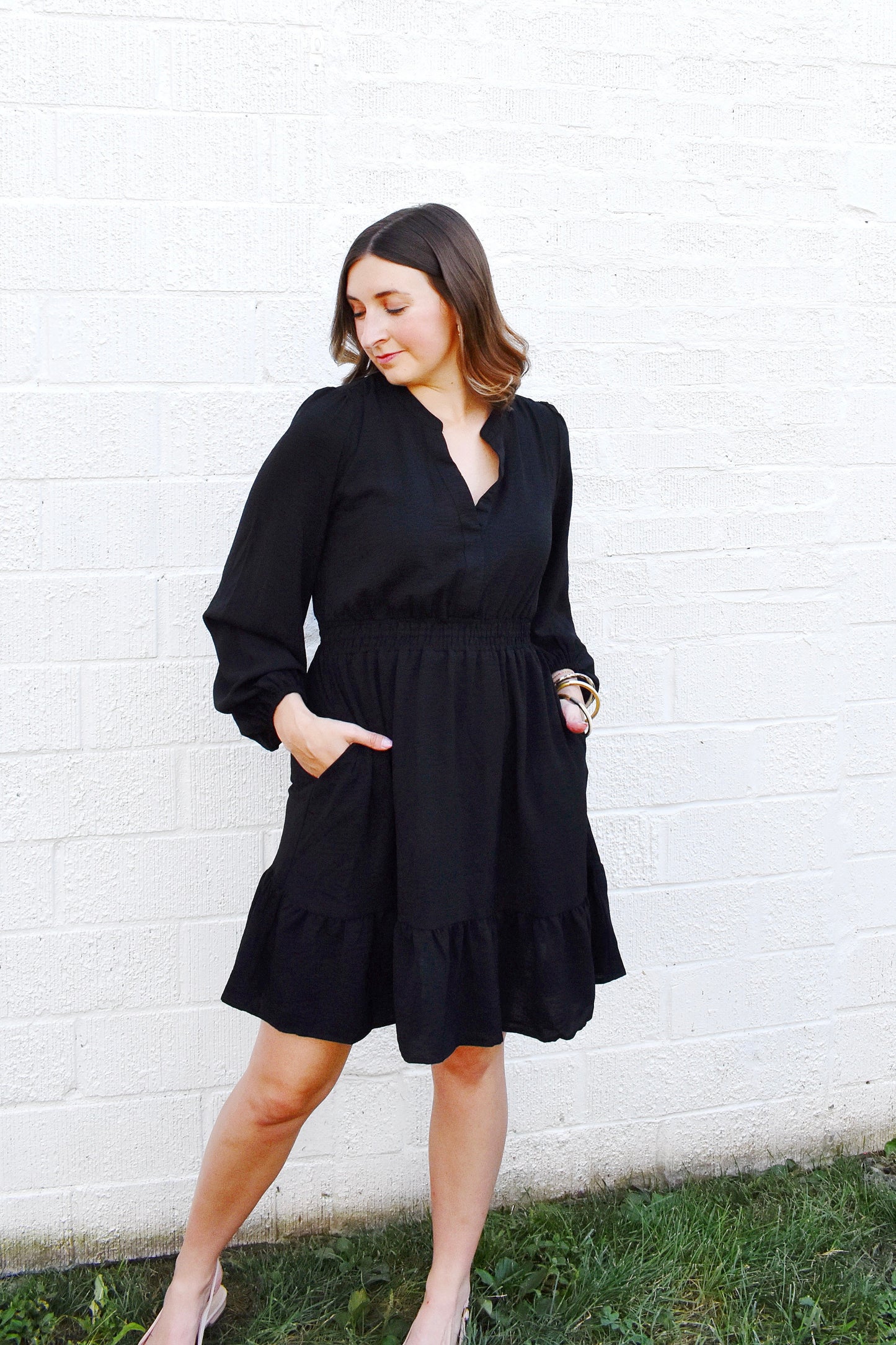 Black Smocked Waist Long Sleeve Dress