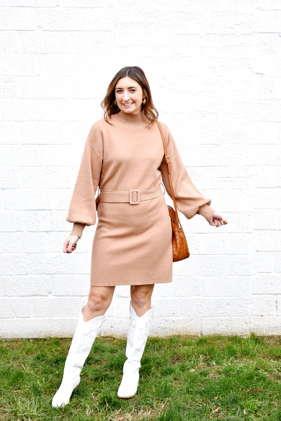 Taupe Belted Sweater Dress