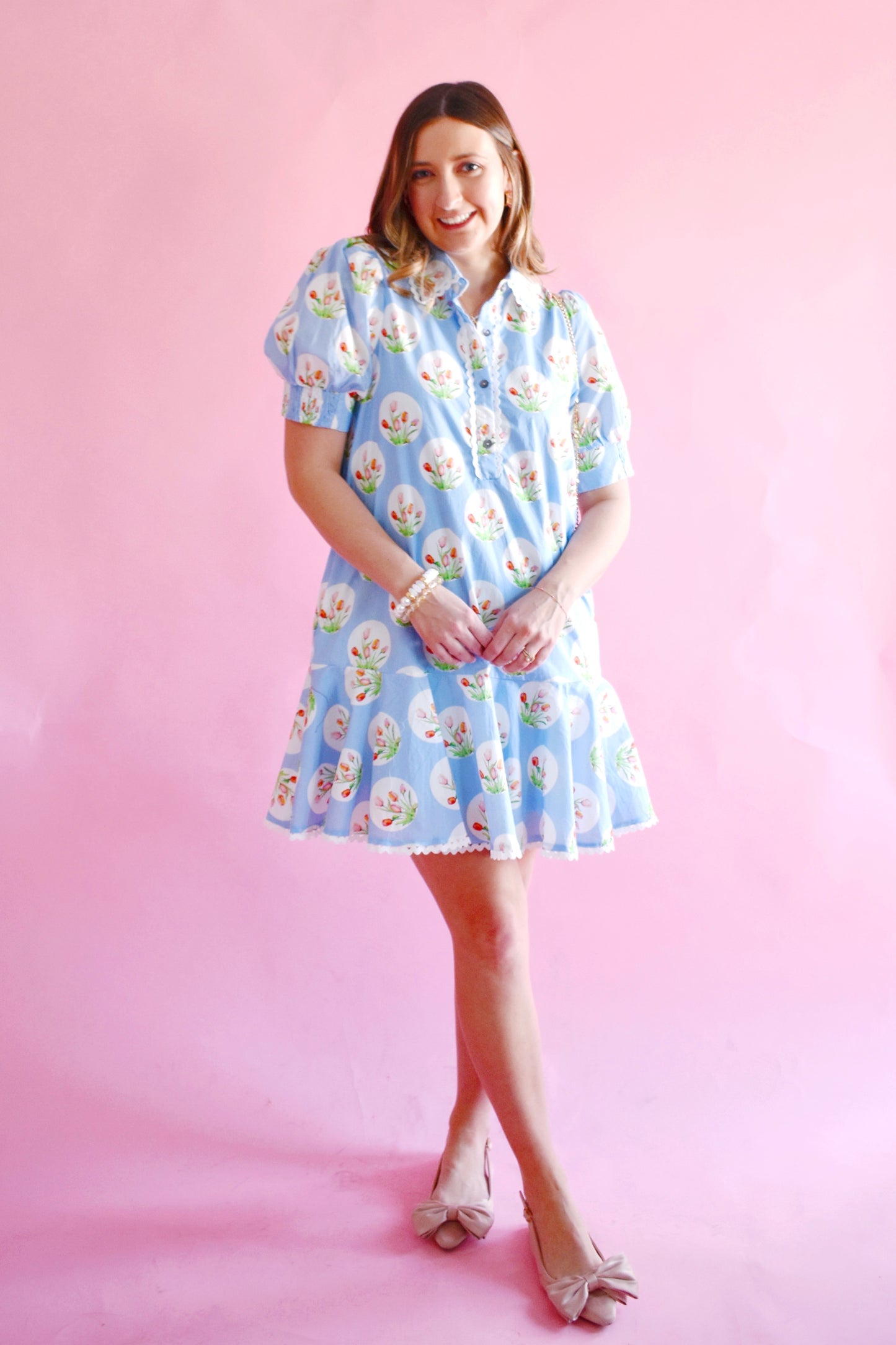 Blue Tulip Print Collared Drop Waist Dress
