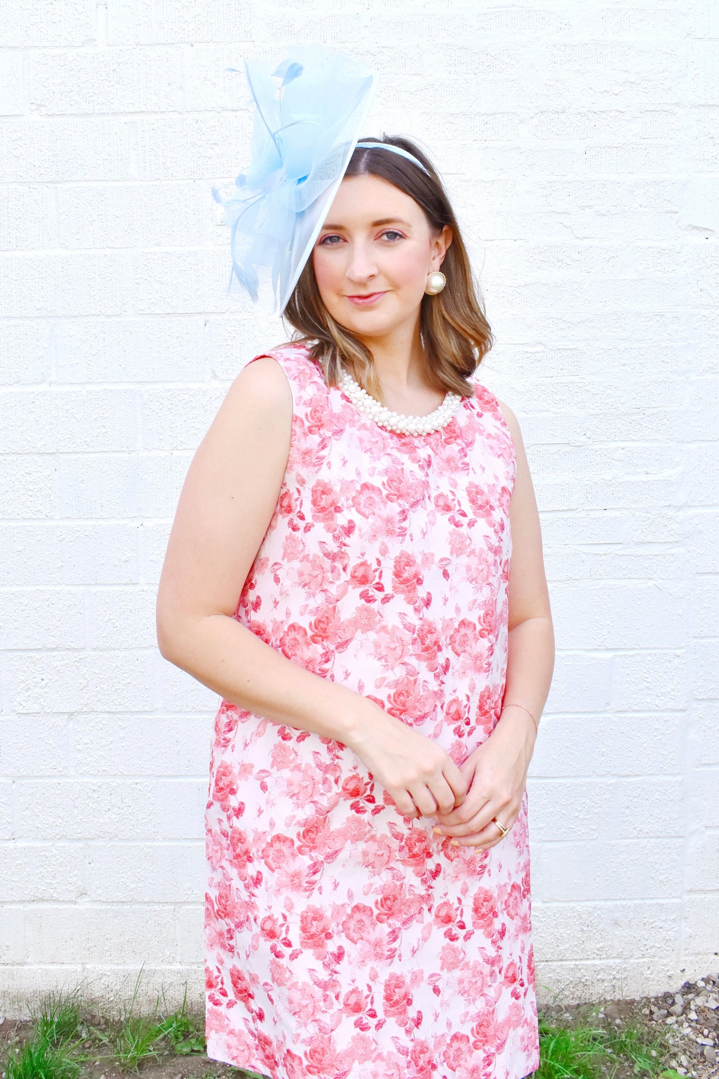 Red Floral Pearl Neckline Shift Dress