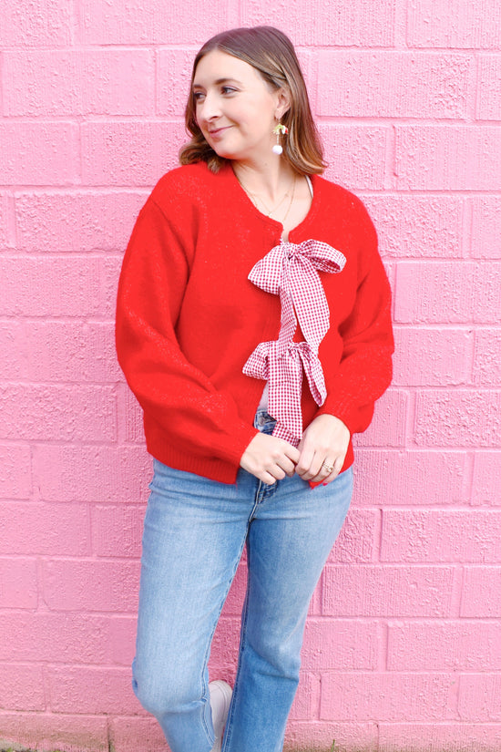 Red Gingham Bow Cardigan Sweater
