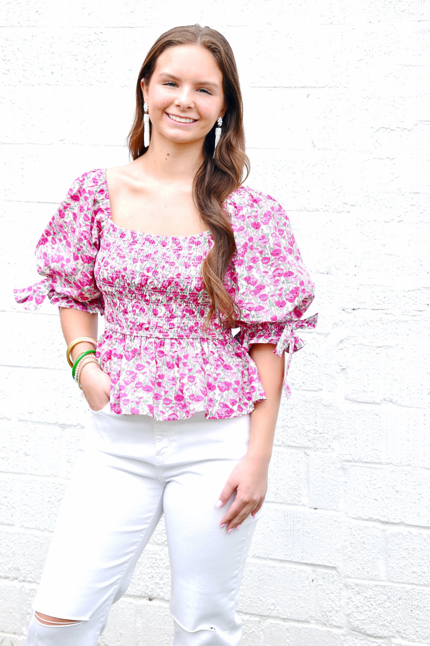 Ditsy Pink Floral Smocked Peplum Top