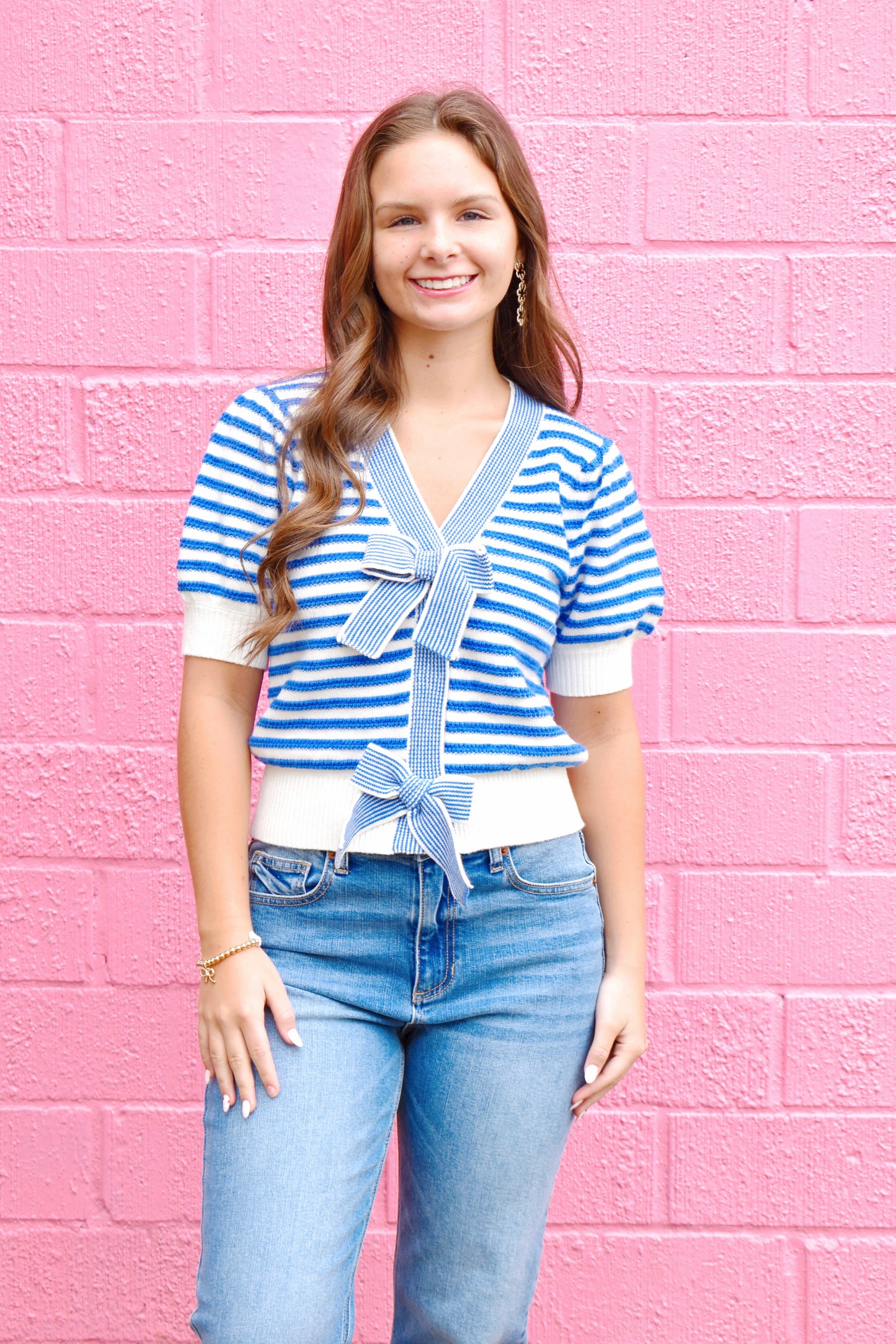 Blue Stripe Bow Sweater