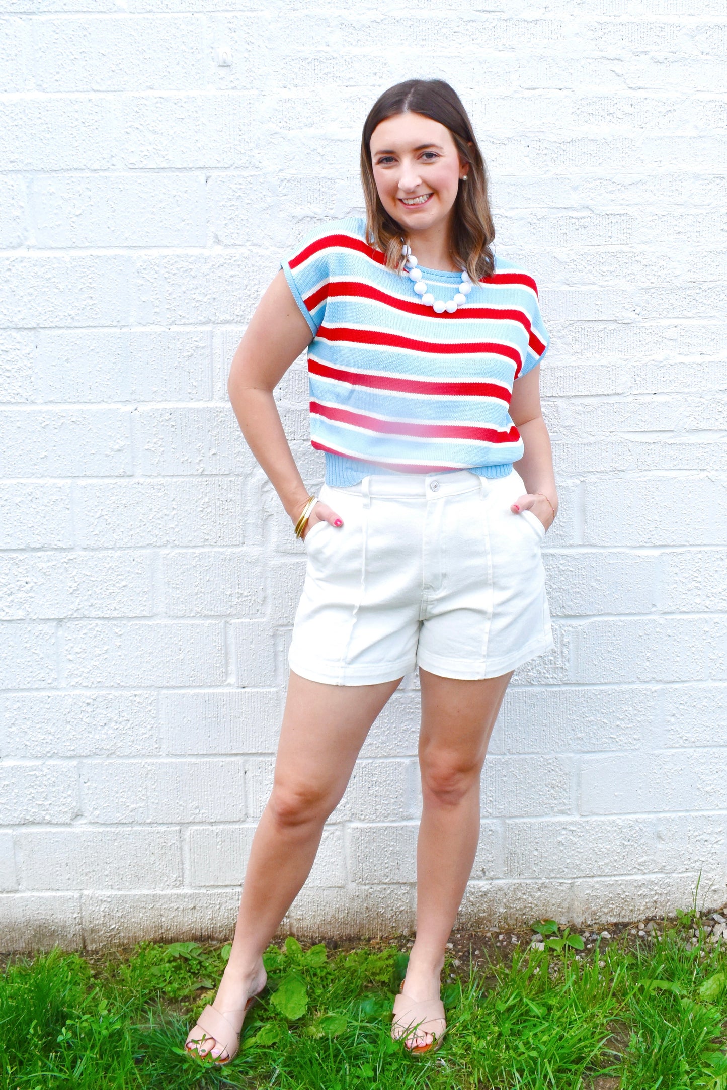 Baby Blue Red Stripe Knit Top
