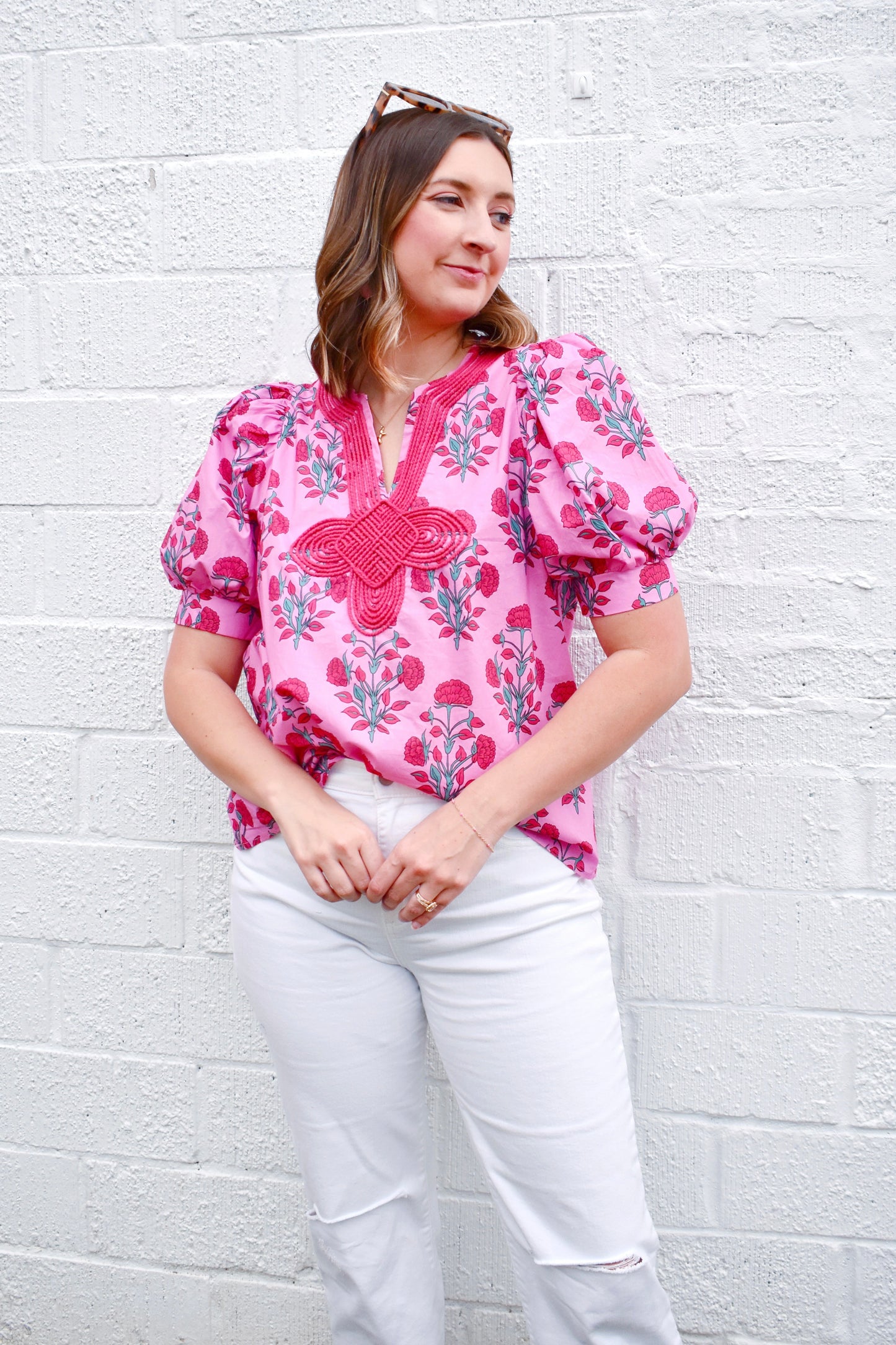 Pink Botanical Collar Detail Blouse