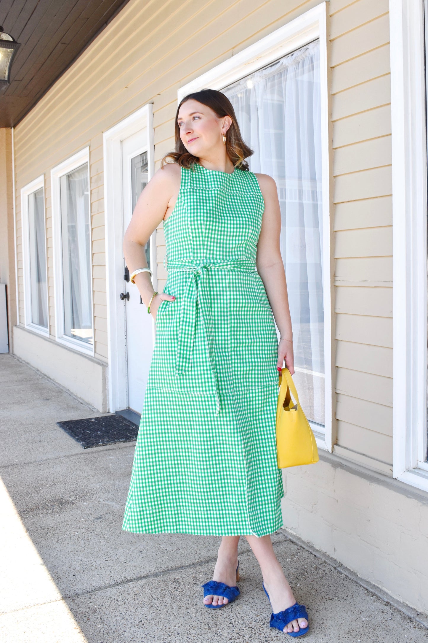 Green Gingham Tie Belt Midi Dress