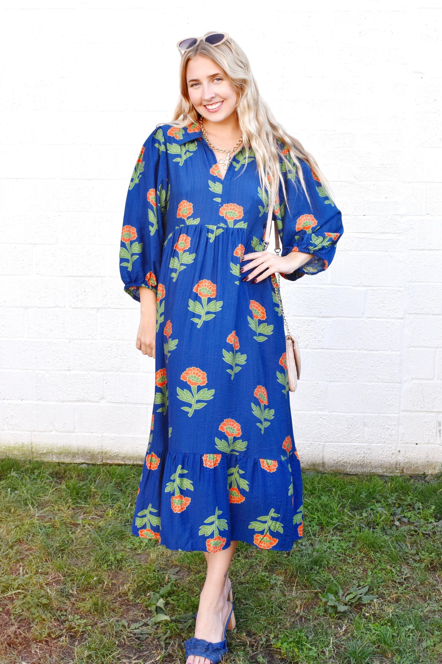 Navy Orange Flower Stem Midi Dress