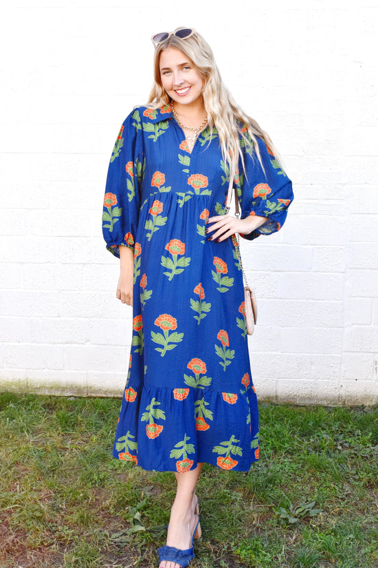 Navy Orange Flower Stem Midi Dress