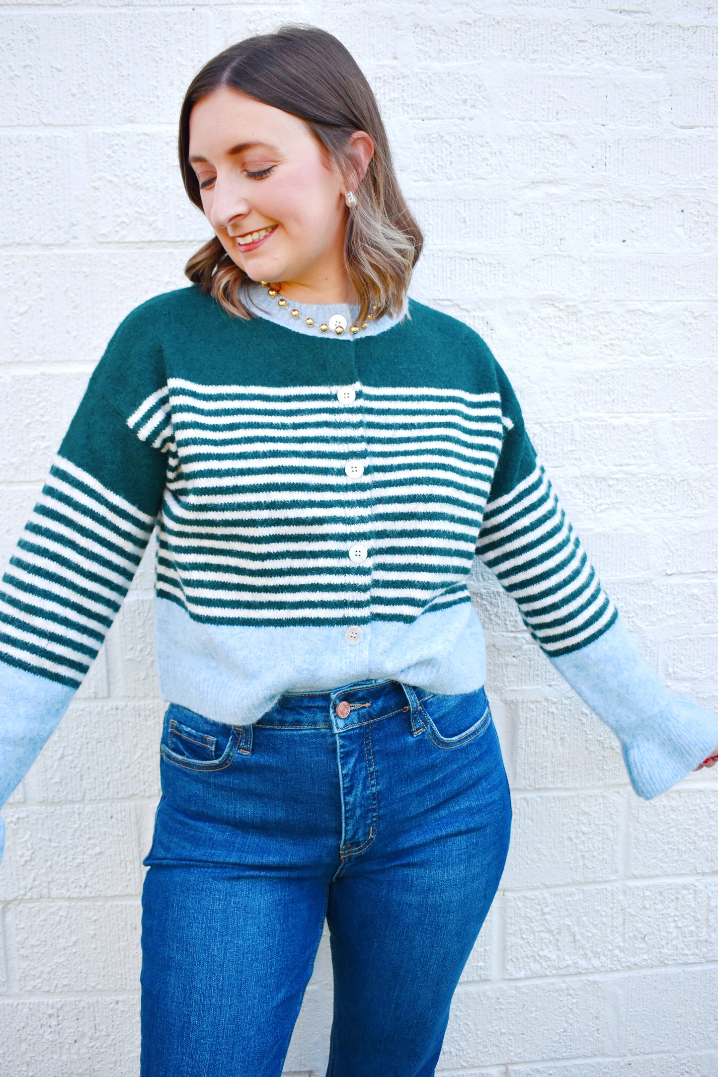 Hunter Striped Ruffle Cuff Button Cardigan