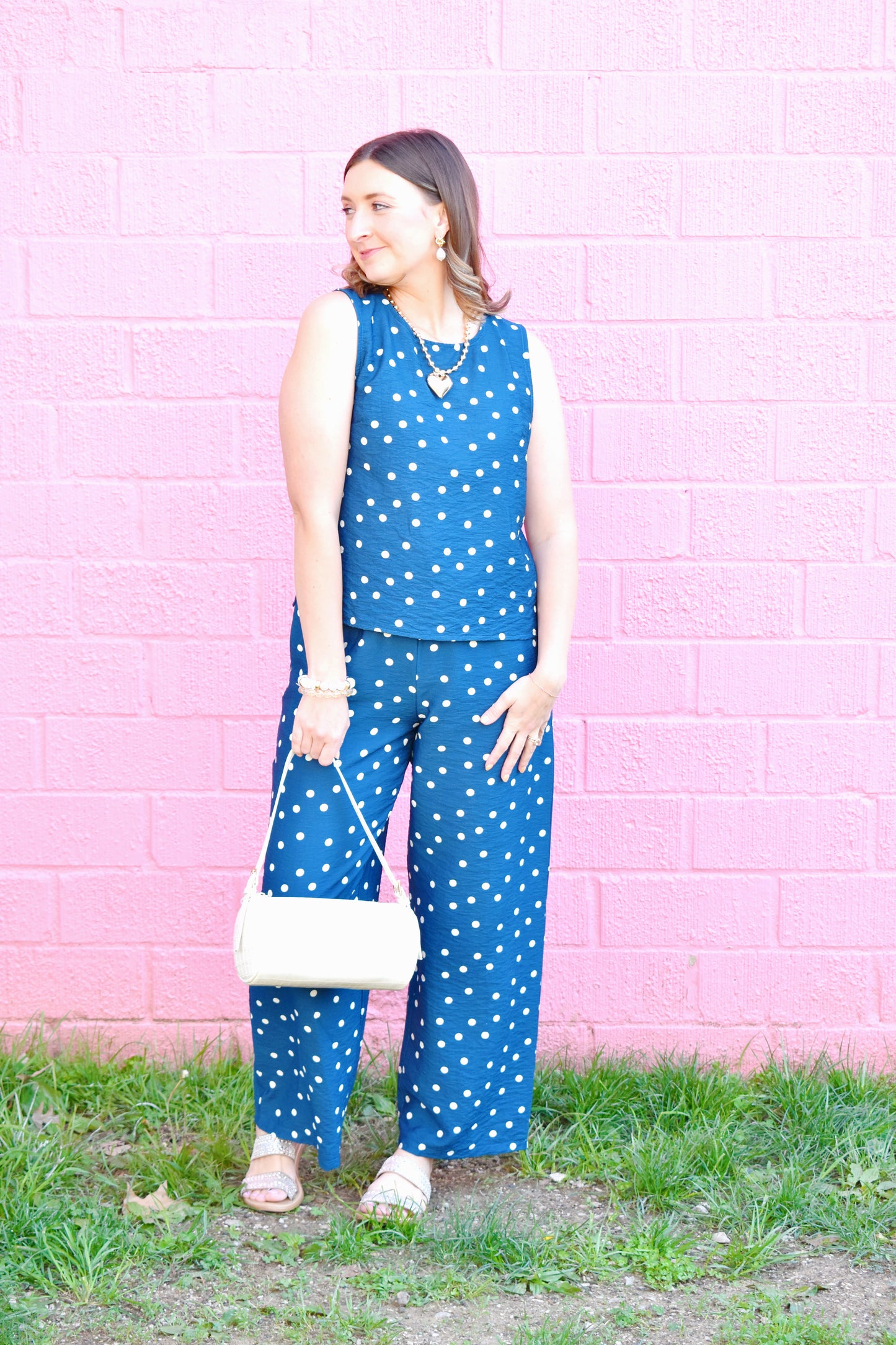 Blue Polka Dot Elastic Waist Pants