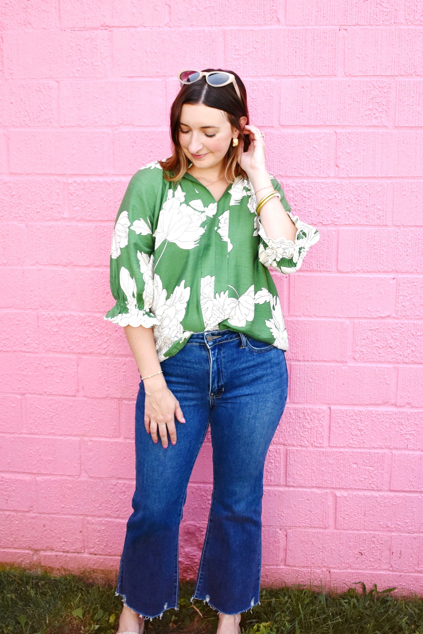 Green Floral Scallop Trim Blouse