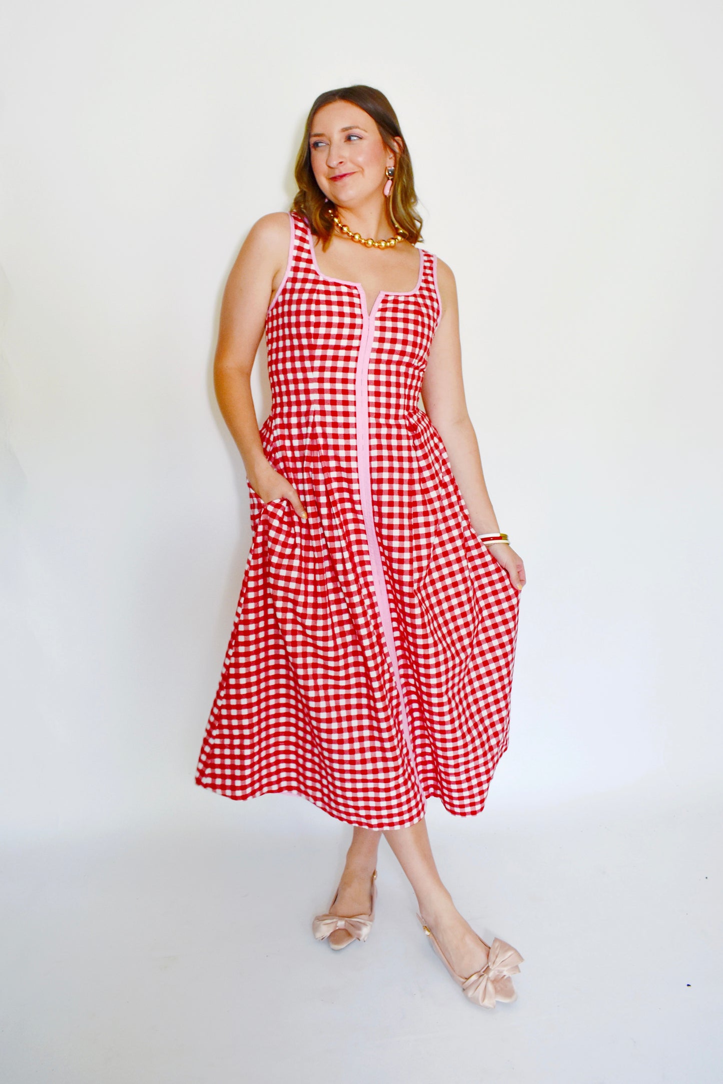 Red Gingham Pink Trim Midi Dress