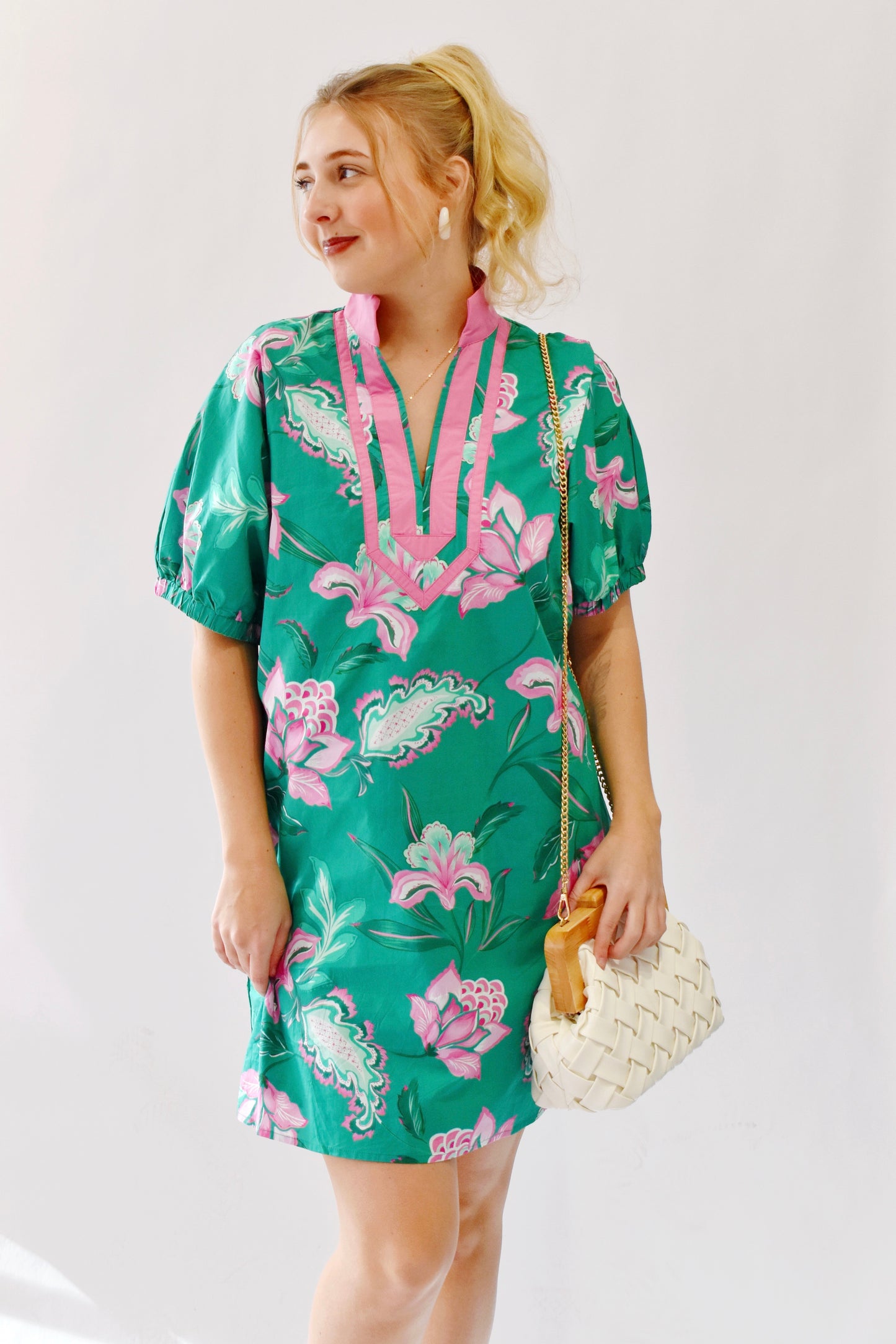 Green Pink Contrast Floral Mini Dress