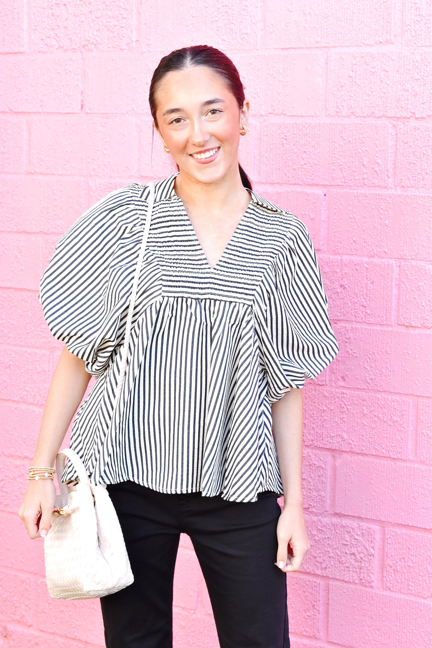 Black Stripe Smocked Collared Blouse