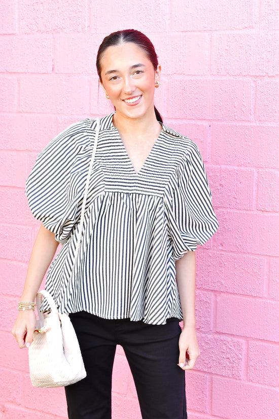 Black Stripe Smocked Collared Blouse