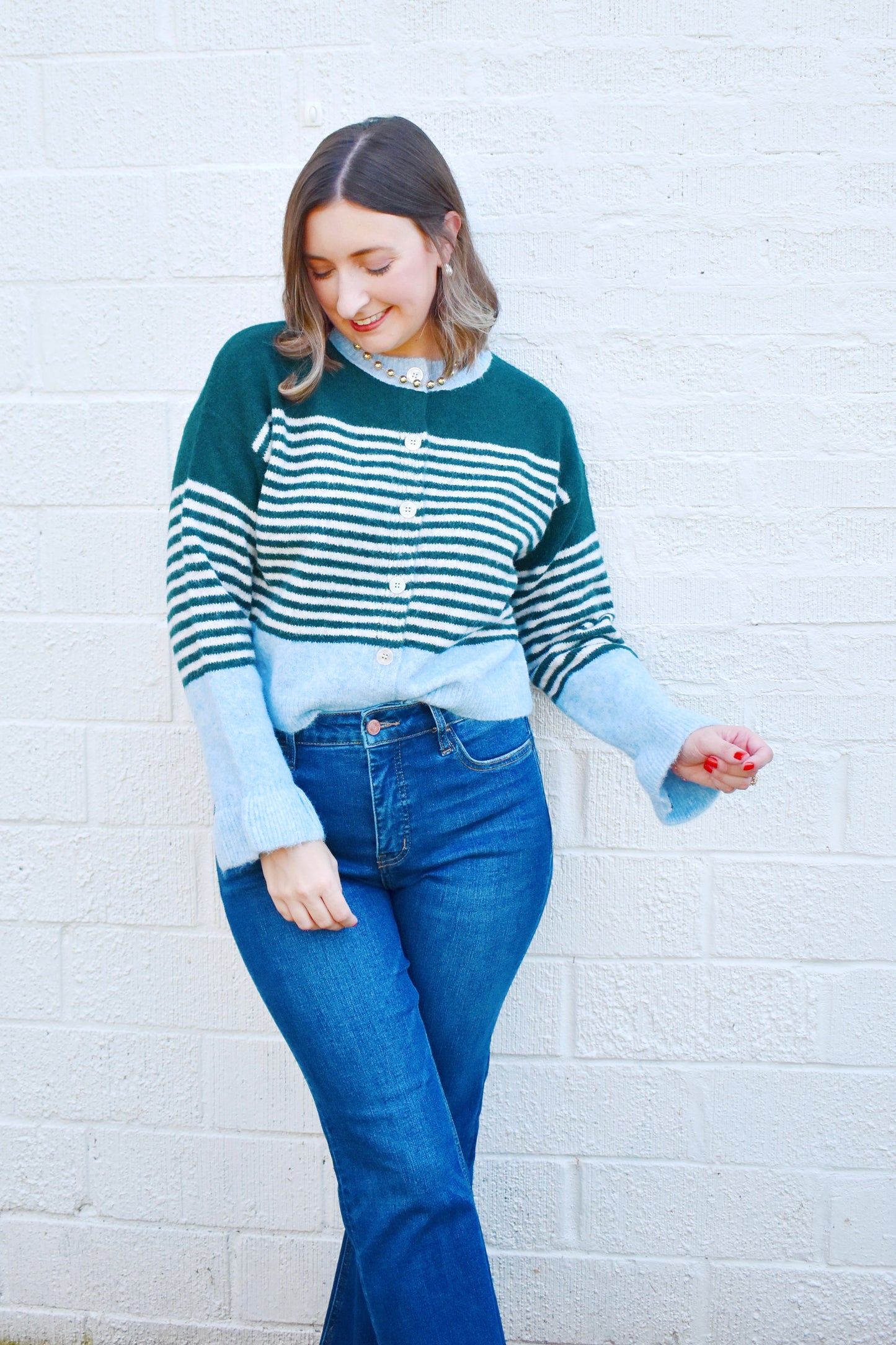 Hunter Striped Ruffle Cuff Button Cardigan