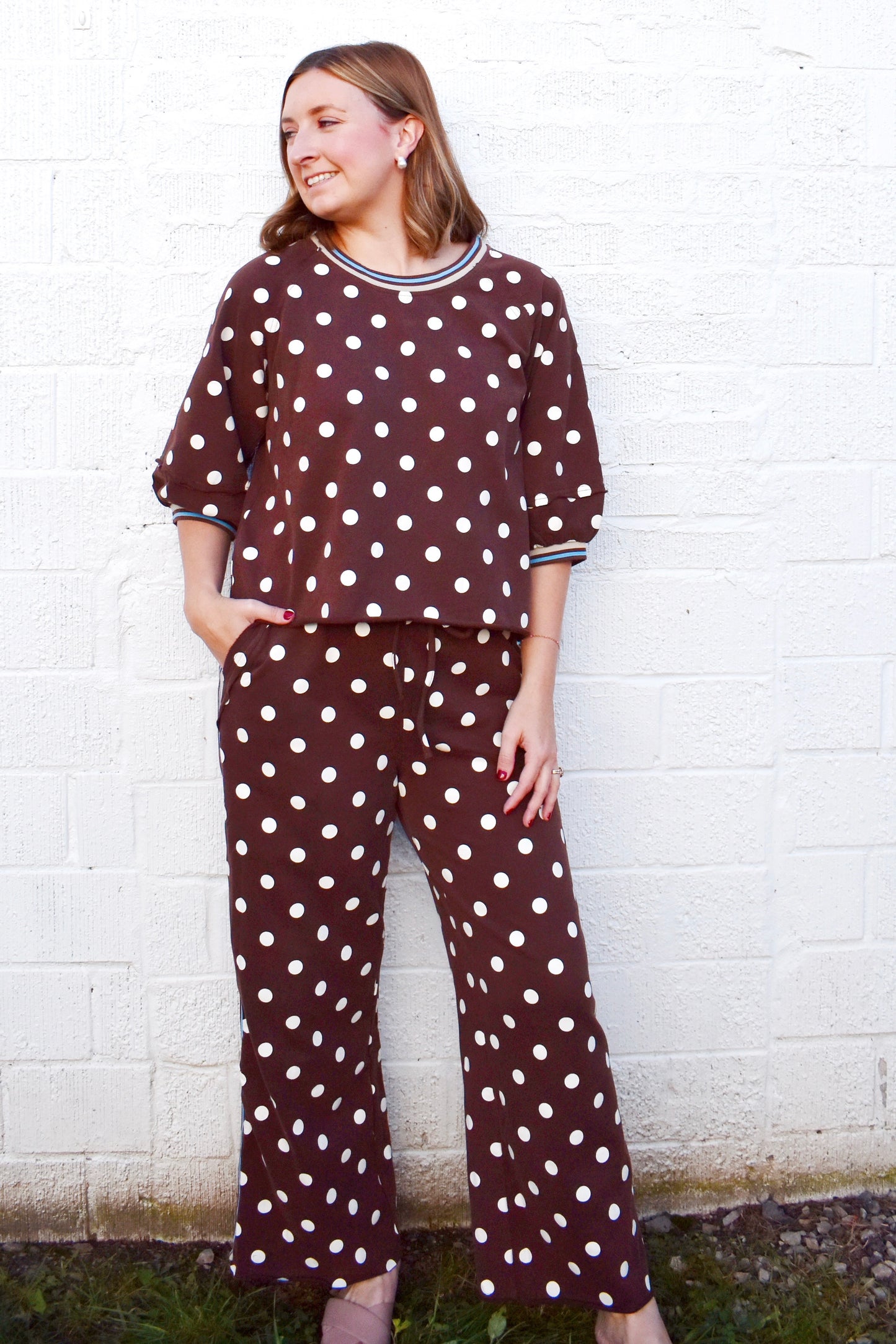 Brown Polka Dot Blue Stripe Puff Sleeve Top