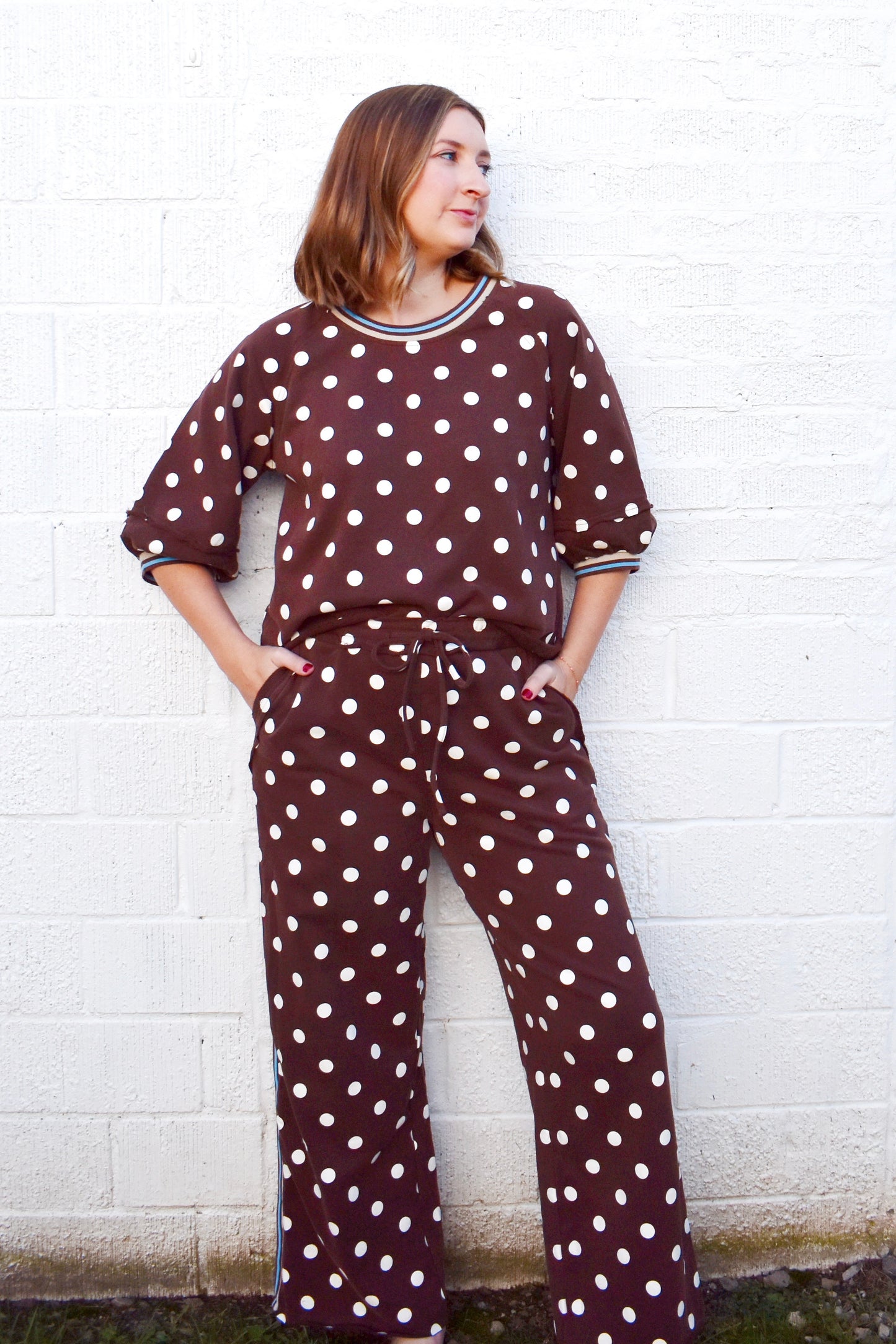 Brown Polka Dot Blue Stripe Puff Sleeve Top