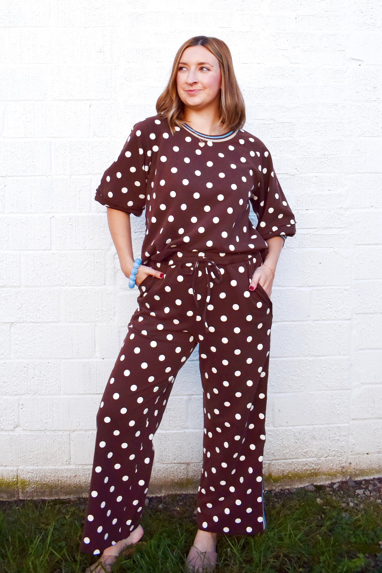 Brown Polka Dot Blue Stripe Puff Sleeve Top