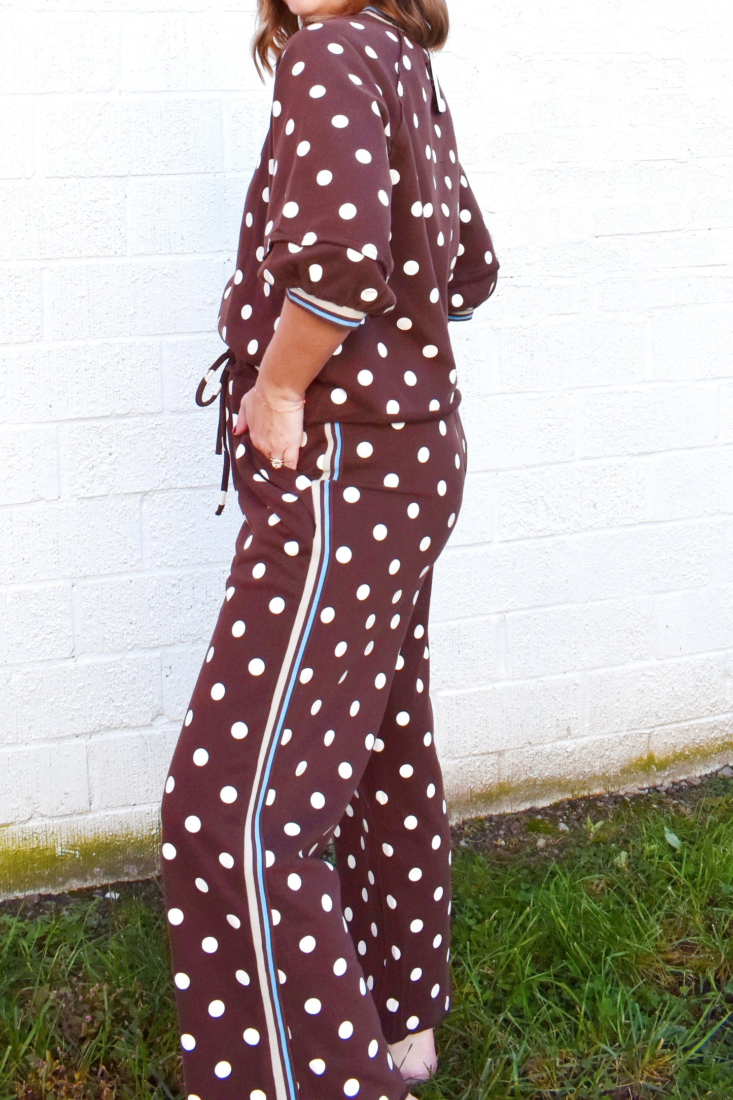 Brown Polka Dot Blue Stripe Drawstring Waist Pants