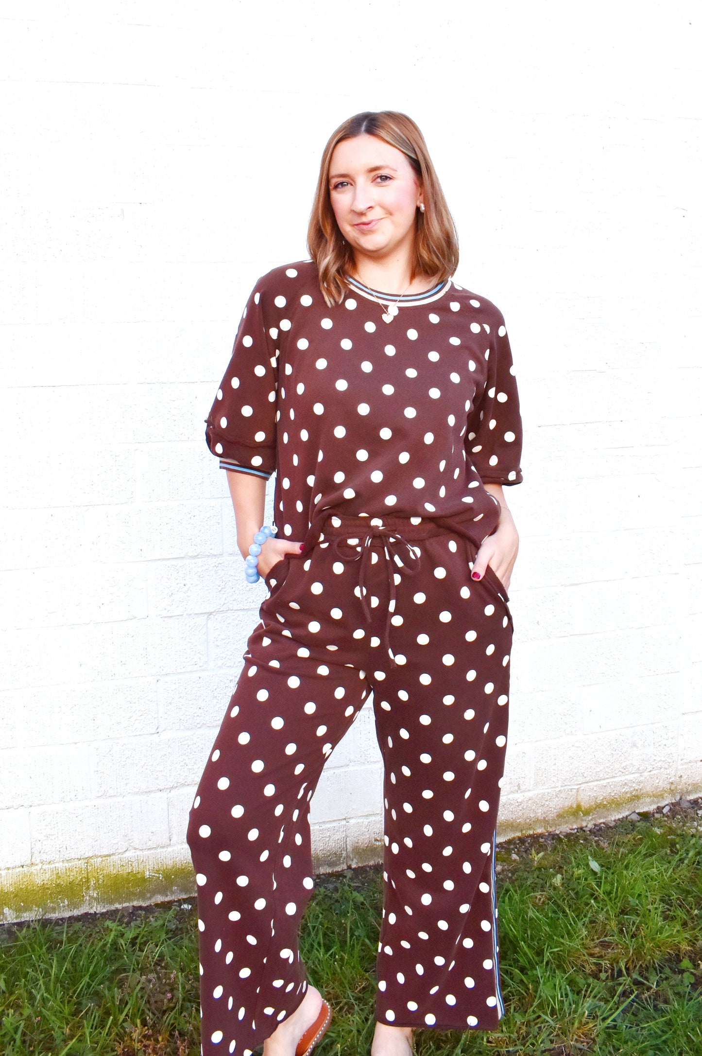Brown Polka Dot Blue Stripe Puff Sleeve Top