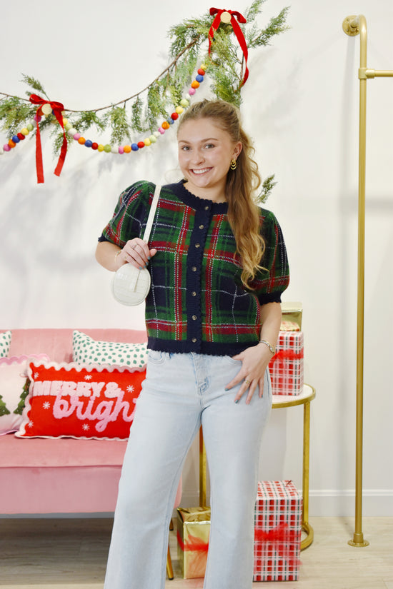 Navy Plaid Short Sleeve Cardigan