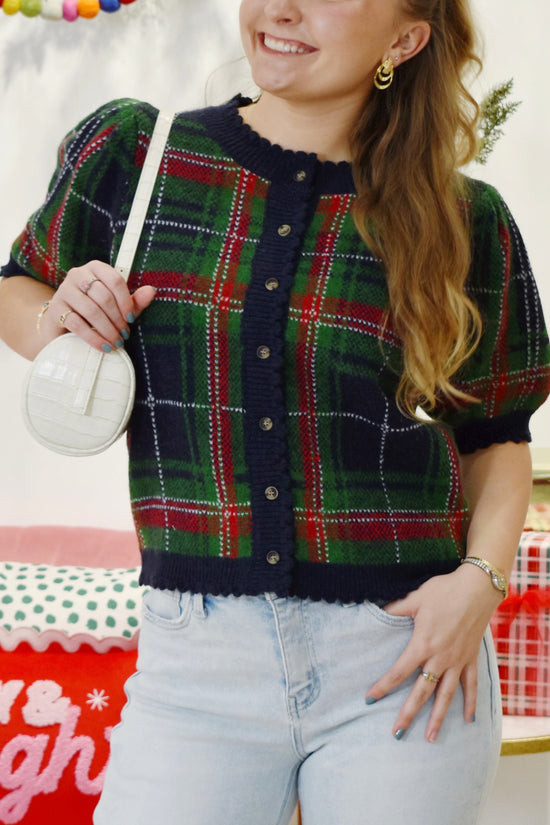 Navy Plaid Short Sleeve Cardigan