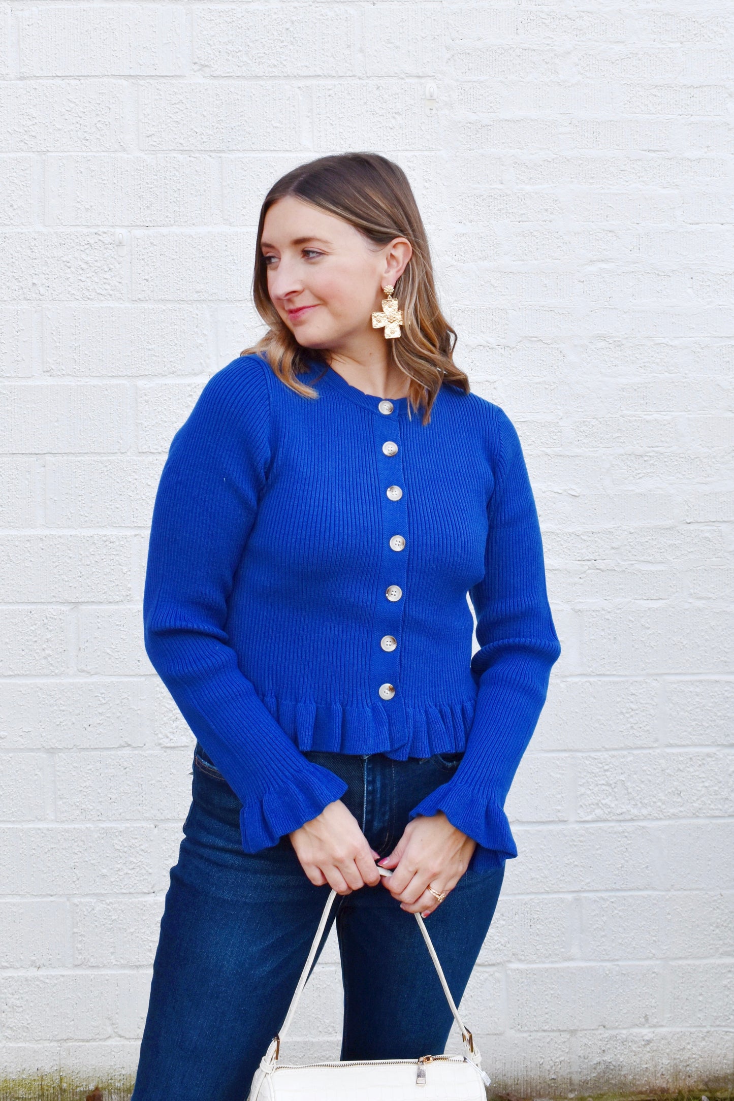 Royal Blue Ruffle Hem Button Sweater