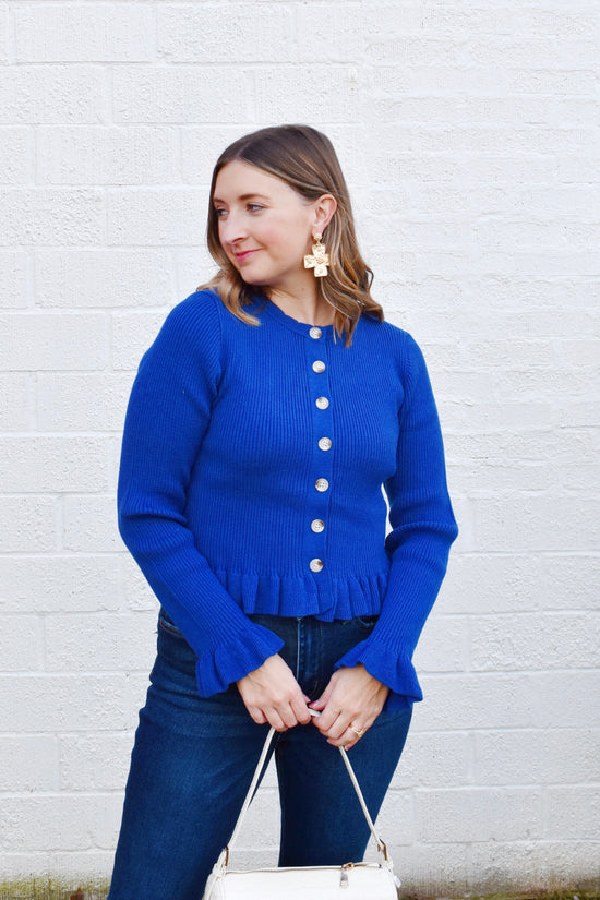 Royal Blue Ruffle Hem Button Sweater
