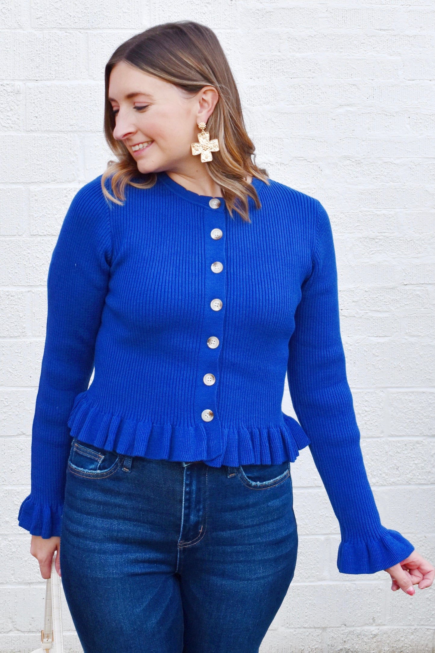 Royal Blue Ruffle Hem Button Sweater